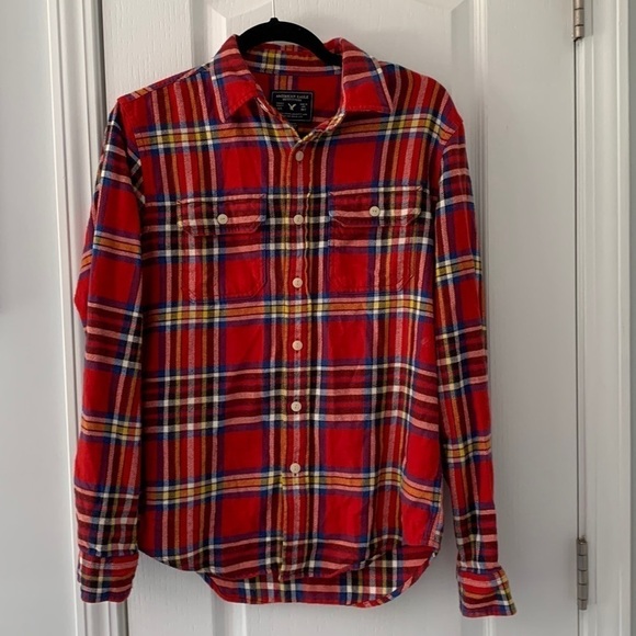 American Eagle Flannel‎ Shirt Red Plaid MultiColor Soft Cotton Long Sleeve XS - Picture 1 of 8